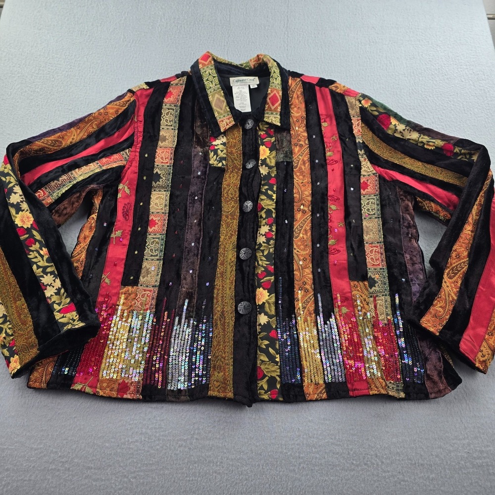 Vintage Coldwater Creek Velvet Jacket Womens XL Black Paisley Patchwork Sequin